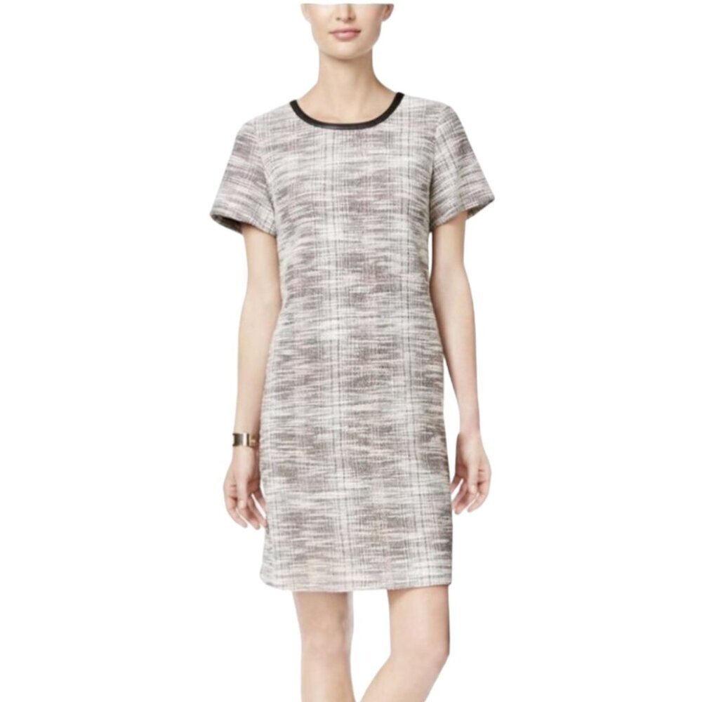 Tommy Hilfiger Gray London Tweed Shift Dress, Faux Leather Neckline Women’s 14